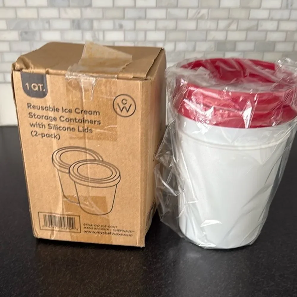 ChefWave Ice Cream Containers 2-Pack Red Silicone Lids White Body 1 QT Each 32oz